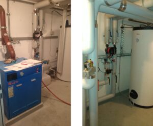Umbau einer Gasheizung im Mehrfamilienhaus auf Luft-Wasser Wärmepumpe, Kellerraum vorher und nachher